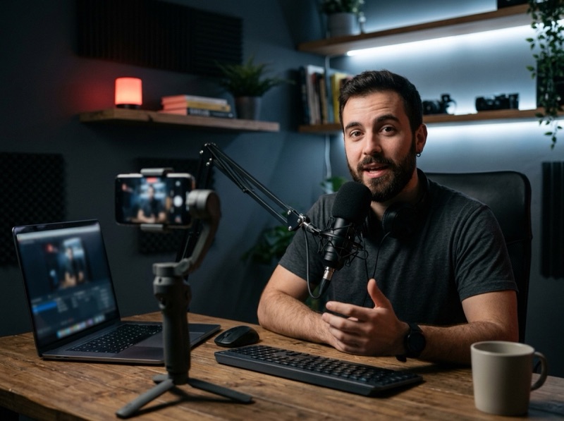 Illustration: a creator hosts his regular show from his desk, a smartphone on a gimbal as second camera