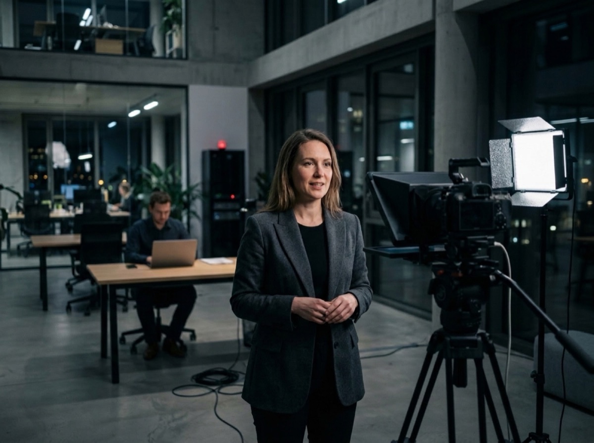 Illustration: an executive speaks to camera through a teleprompter, in the office