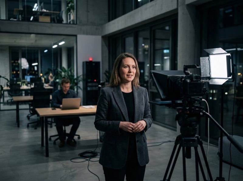 Illustration: an executive speaks to camera through a teleprompter, in the office