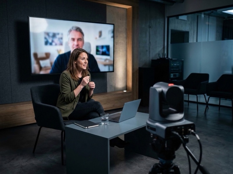 Illustration: a presenter interviews a remote guest on a small set filmed by a robotic camera