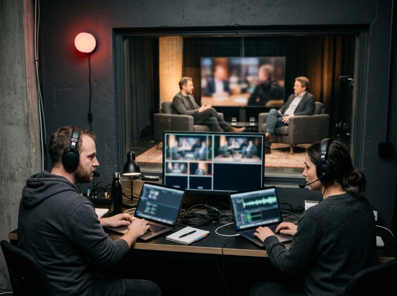 Illustration: a small team runs a show from a light control room, the set behind the glass